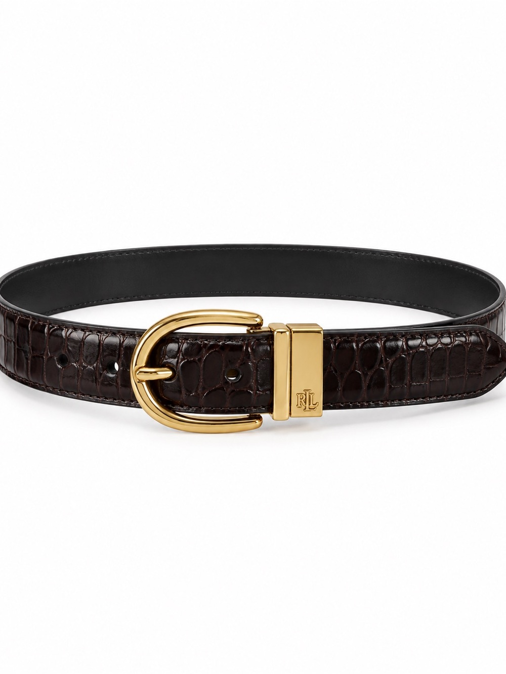 Lauren Ralph Lauren Brown Croc Embossed Leather Belt Gold RL Buckle